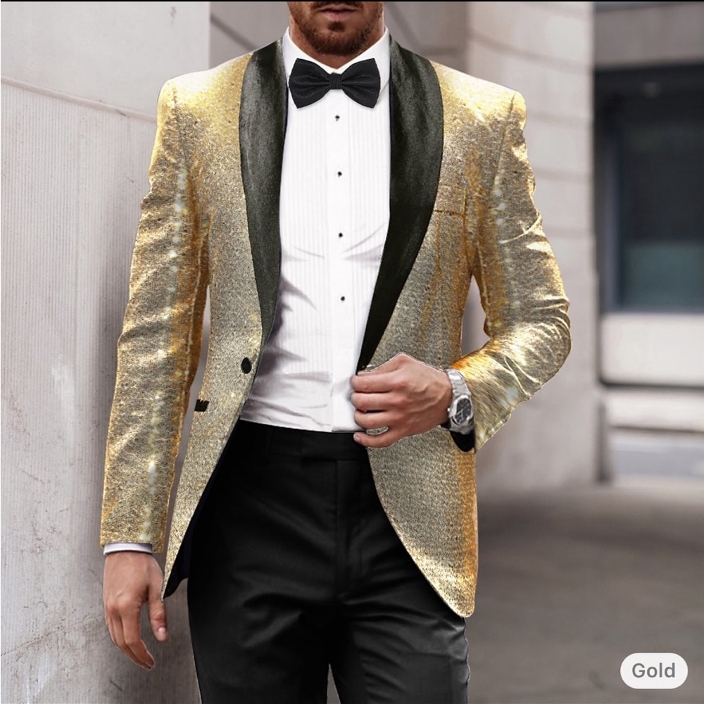 New Gold Sequined Men’s Sparkle 70’s Jacket Halloween Black Tie Elvis